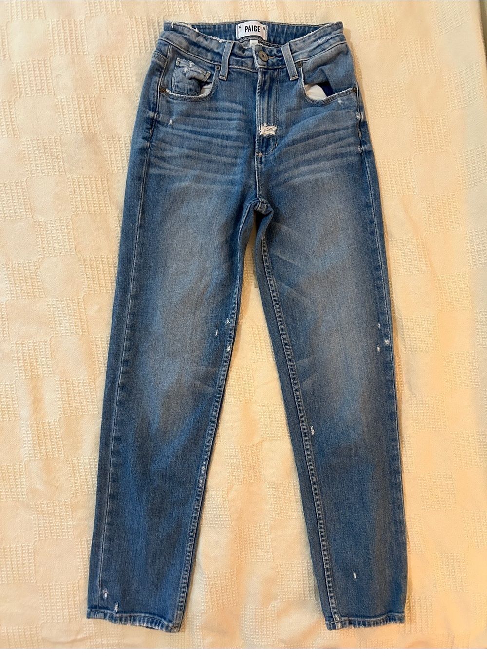 PAIGE high rise, Sarah straight Blue Distressed Boyfriend Jeans 23
